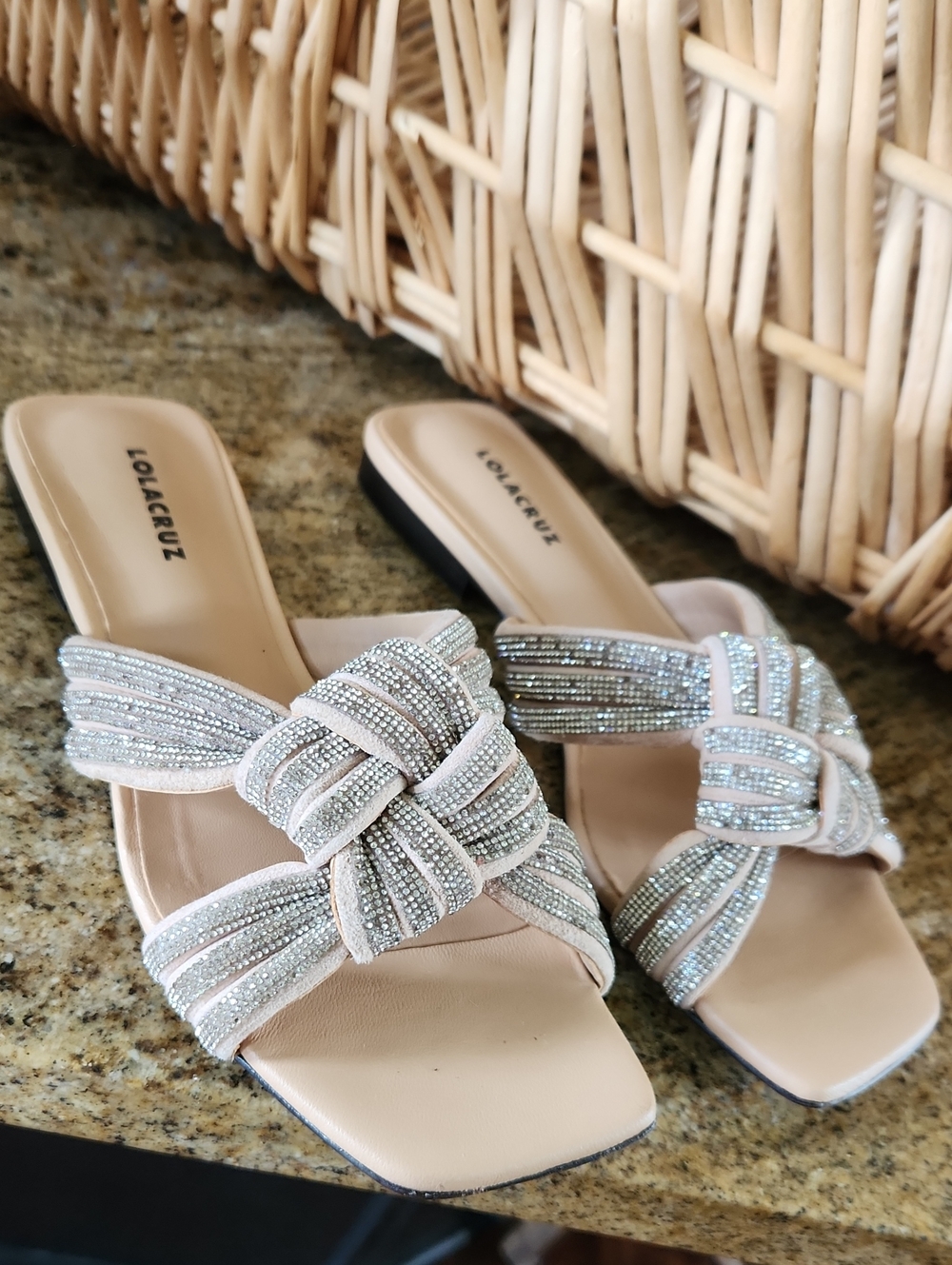 Lola Cruz Knot Embellished Crystal Rhinestones Slides Sandal Size EU 36 US 6